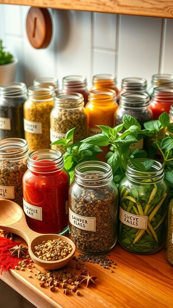 An assortment of spices and herbs in jars on a kitchen counter, with a wooden spoon.